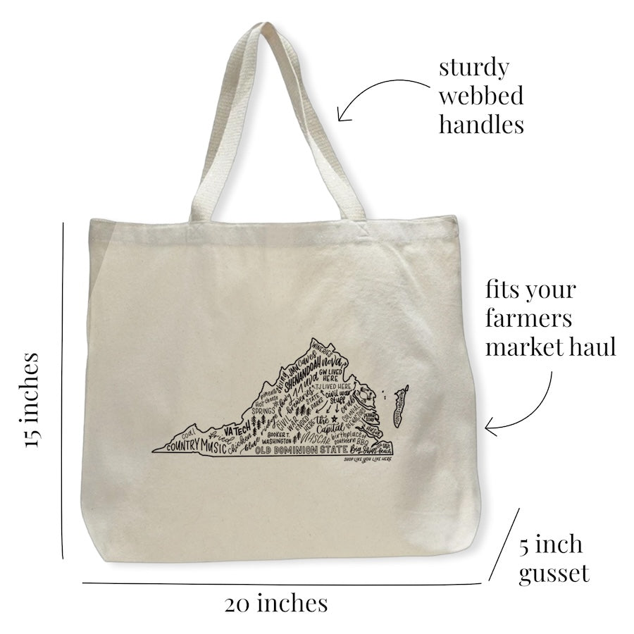 Virginia State Map Tote Bags | Large Canvas Tote Bags