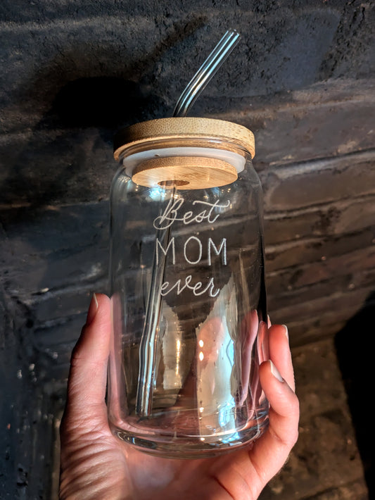 Custom Hand-Engraved Can Glass reading "Best Mom ever" with Lid and  Glass Straw