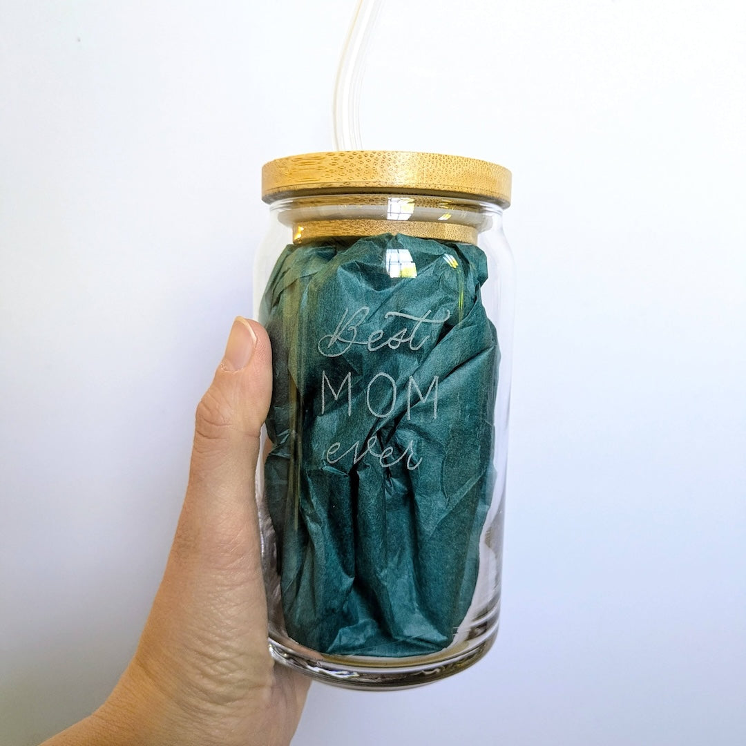 Custom Hand-Engraved Can Glass with Lid and  Glass Straw