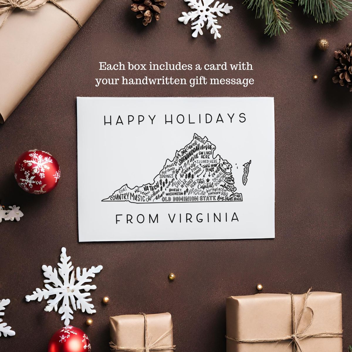 Happy Holidays from Virginia greeting card with the text "each box includes a card with your handwritten gift message"