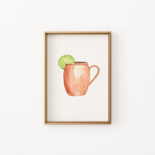 Moscow Mule Cocktail Print Watercolor, 5x7 Bar Cart Art