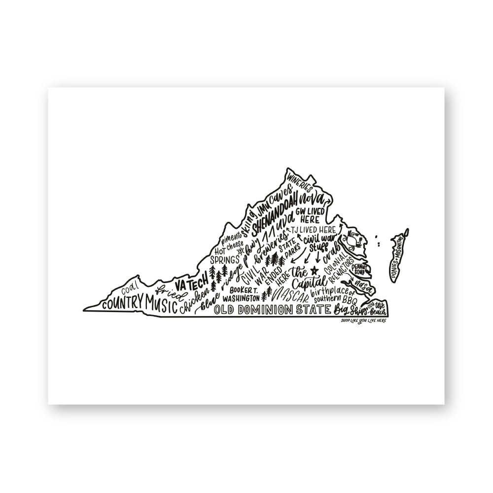 Virginia State Map Art Print 8x10 | Virginia Based Artist