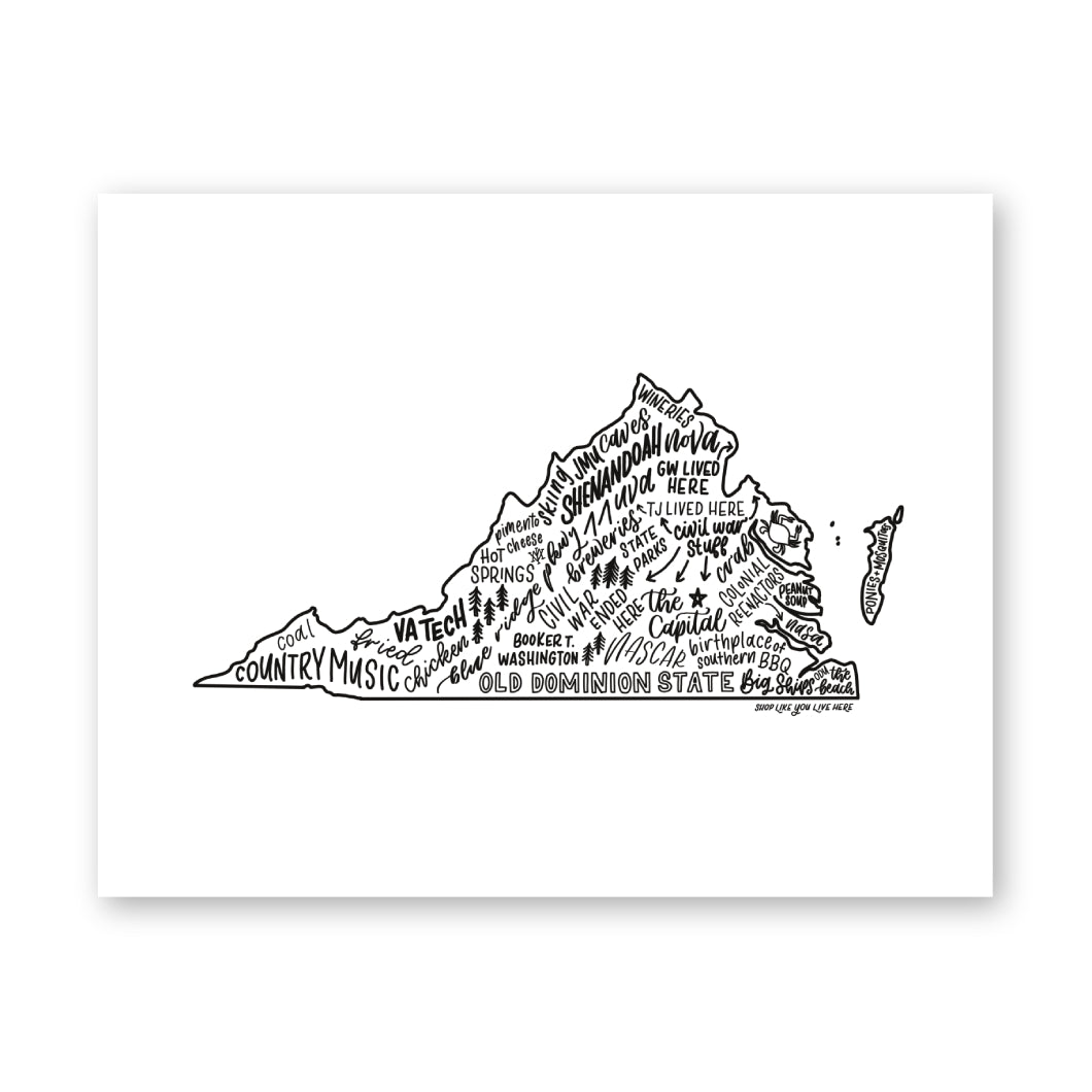Virginia State Map Art Print 11x14 | Virginia Based Artist