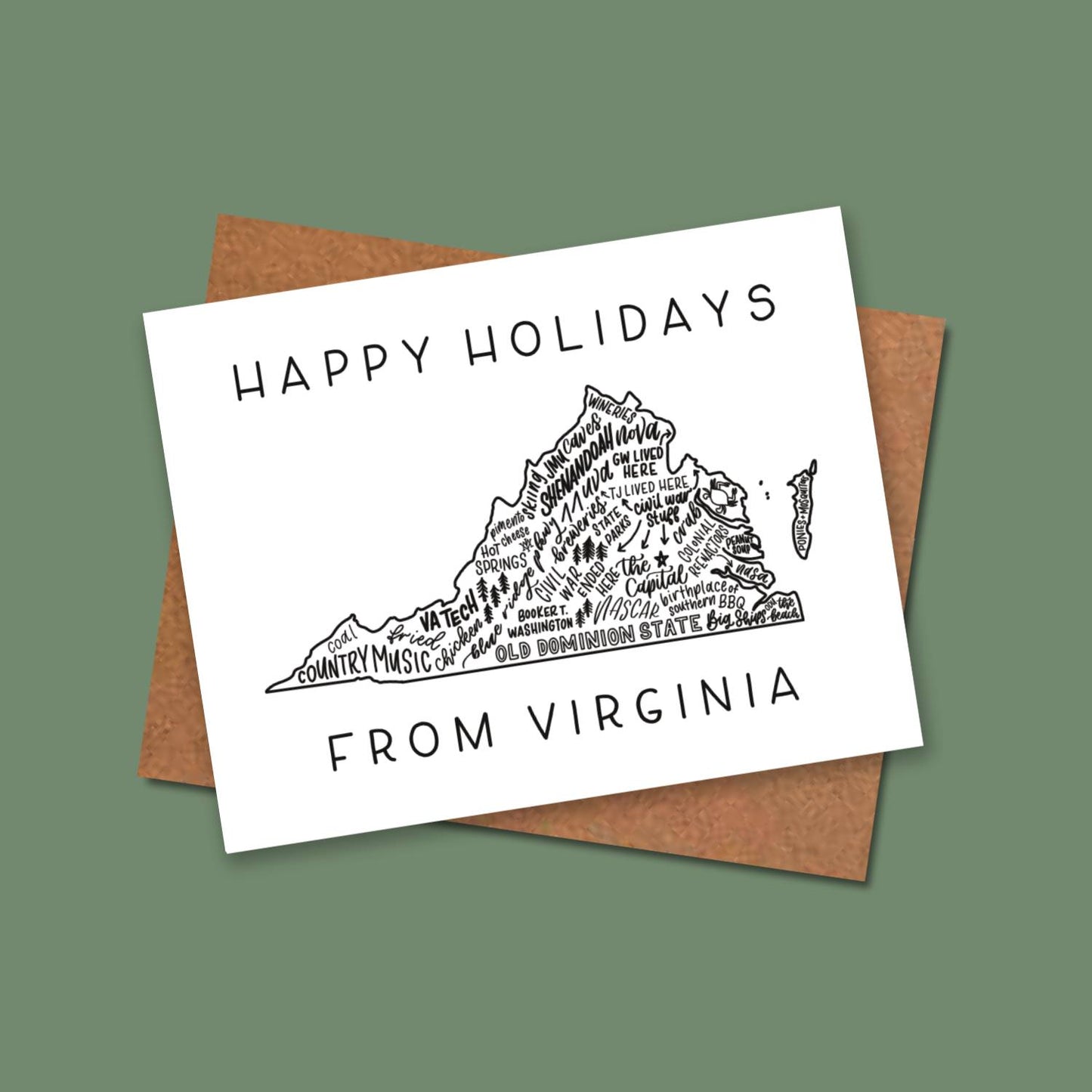 Virginia State Map Happy Holidays Card Set of 8