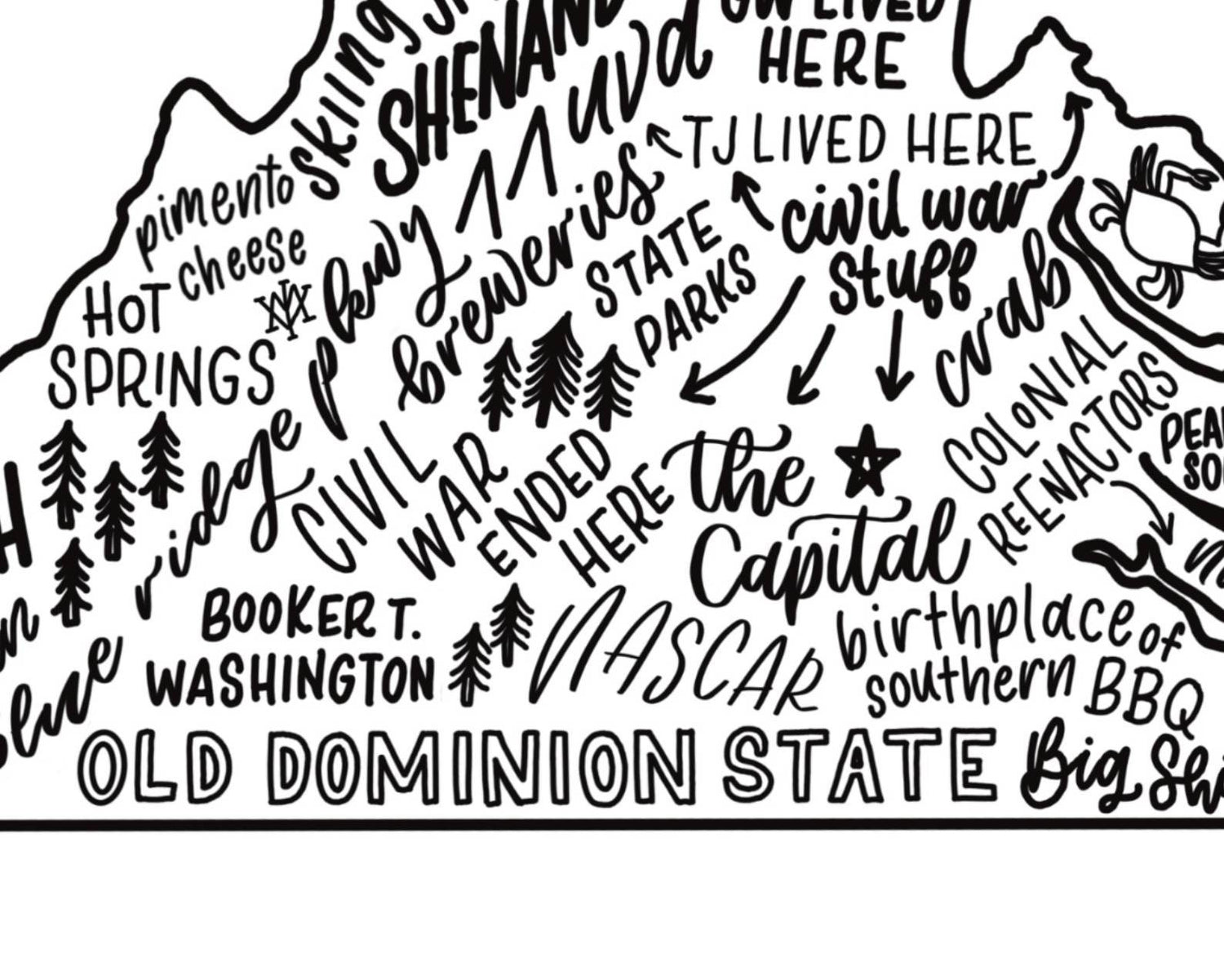 Detailed view of handwritten Virginia state map with inside jokes, colleges, food, and history